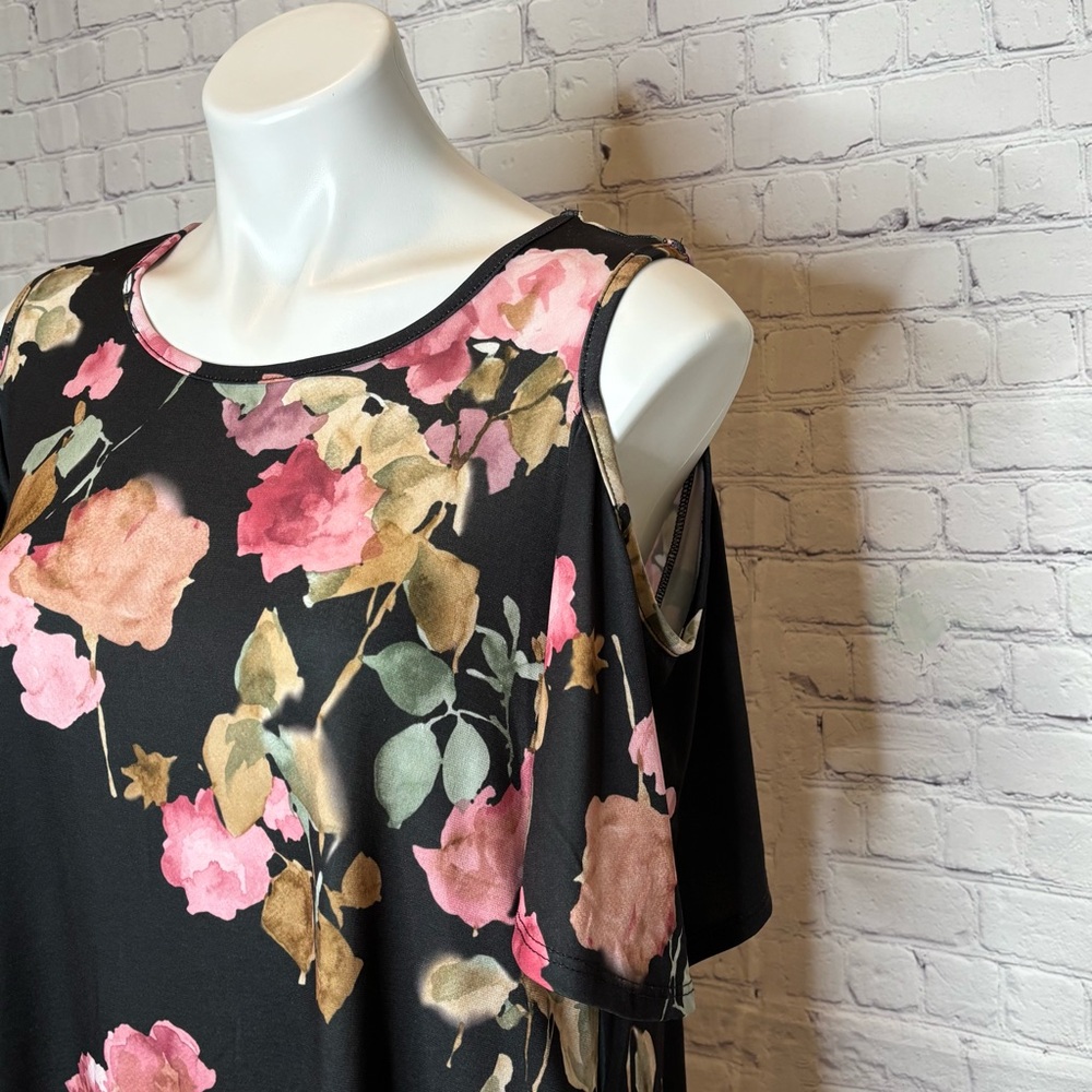 eesome Cold Shoulder Black and Pink Floral Print Dress Size L - Picture 2 of 8